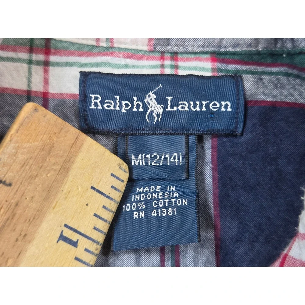 Ralph Lauren Boys Plaid Button Down Shirt Navy Green Red Cotton Size M 12/14